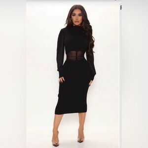 Fashion Nova Black Long-Sleeve Mesh Panel Bodycon Dress